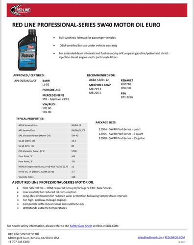 RED LINE 5W40PROFESSIONAL FULL SYNTHETIC 946ML
