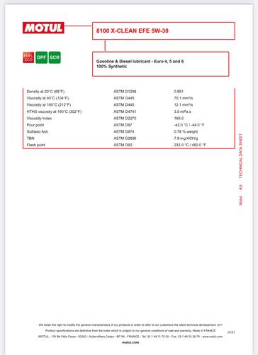 Motul | 8100 X-clean EFE 5W-30 Fully Synthetic Motor Oil 1L