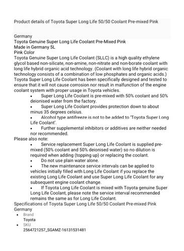 TOYOTA SUPER COOLANT LONG LIFE 50/50 GERMANY 3.785L