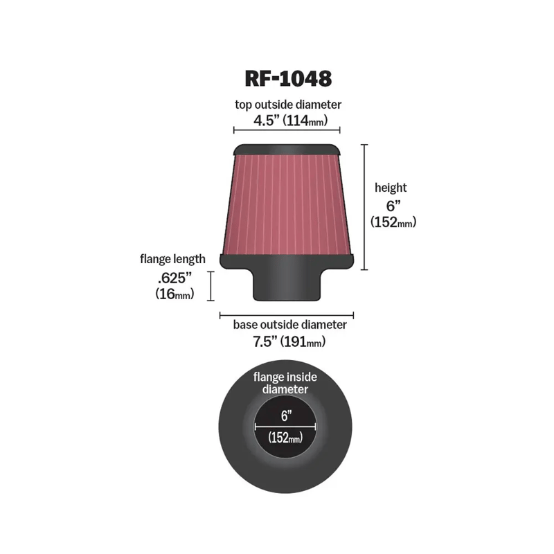 K&N | Universal Clamp-On Air Filter 6 Inch Short Tapered Chrome Top - High Performance Washable Filter