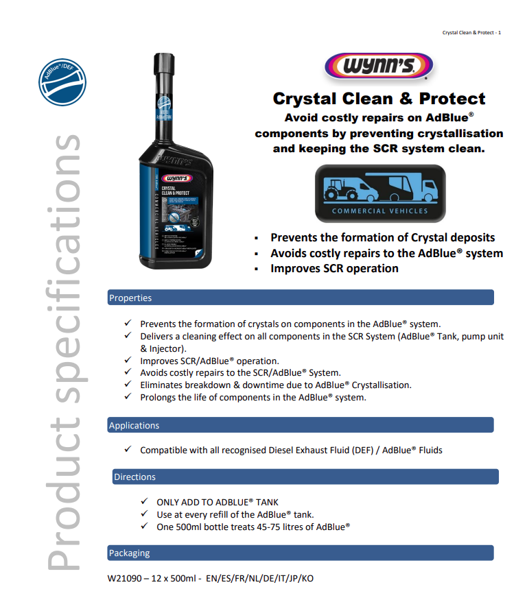 منظف Wynn’s Crystal Clean & Protect لخزان AdBlue – 500 مل. يزيل الترسبات والأملاح، يمنع الانسداد ويحافظ على كفاءة نظام SCR لتقليل الانبعاثات وإطالة عمر المكونات.