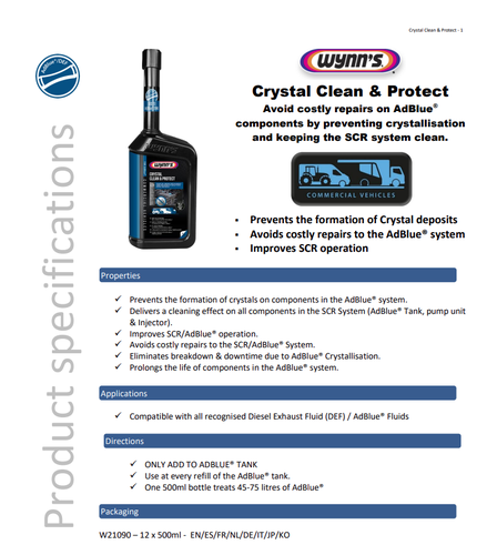 منظف Wynn’s Crystal Clean & Protect لخزان AdBlue – 500 مل. يزيل الترسبات والأملاح، يمنع الانسداد ويحافظ على كفاءة نظام SCR لتقليل الانبعاثات وإطالة عمر المكونات.