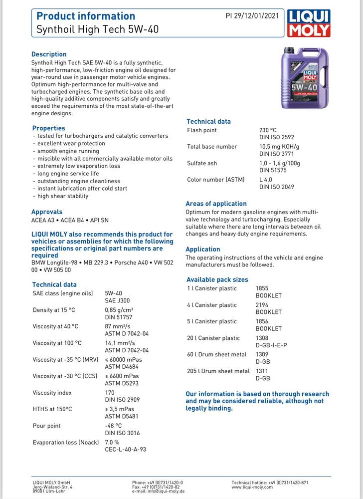 Liqui Moly | 5W-40 Fully Synthetic Motor Oil - 1L