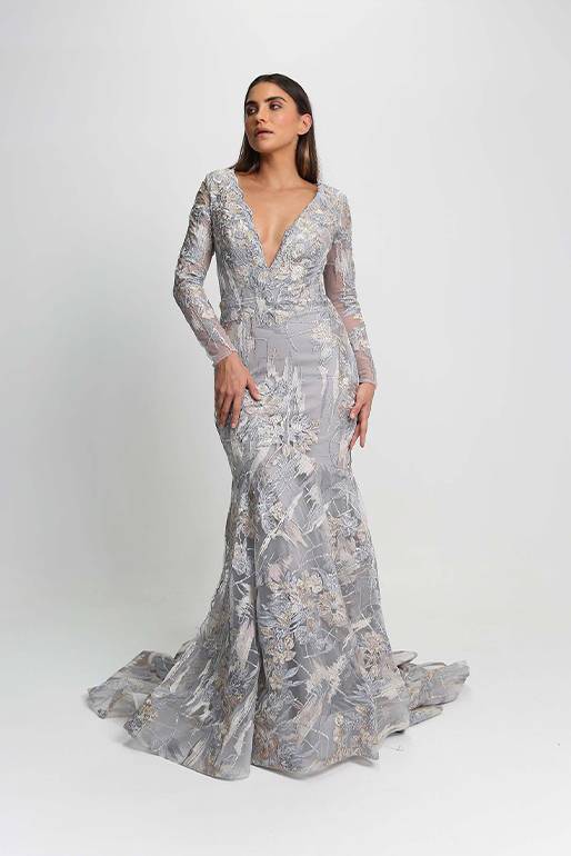 Dress with a fabric of grey embroidery and beige designed by Marmed
