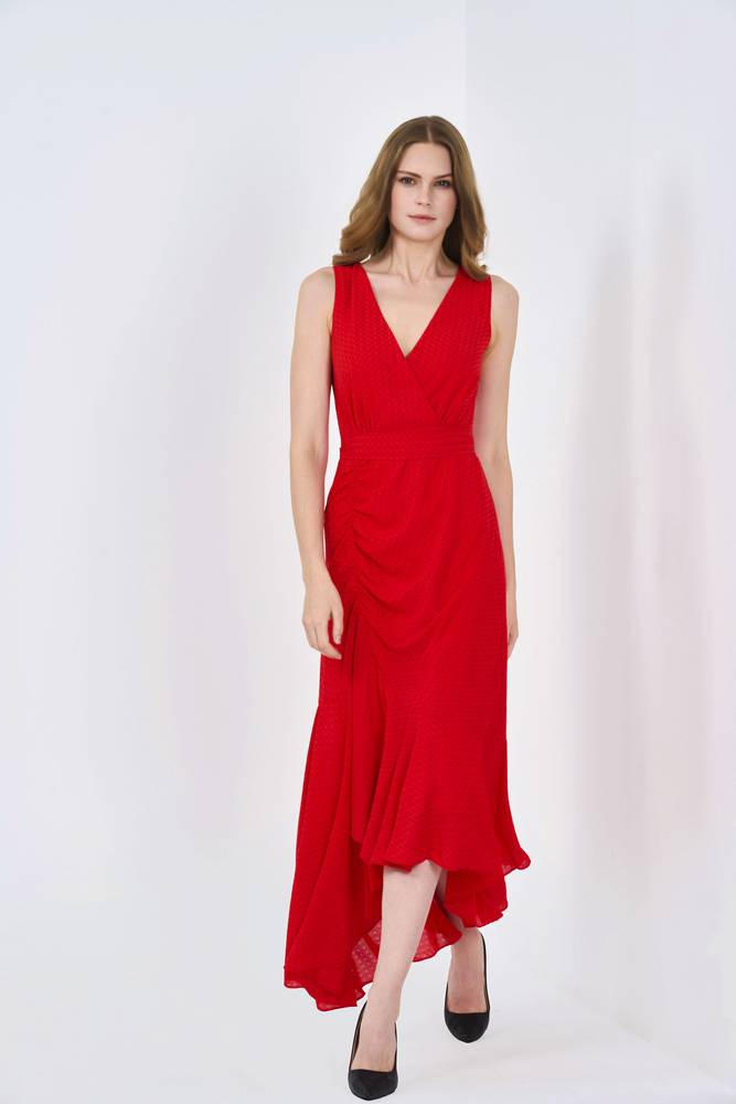 فستان شيفون جاكار قصير احمر