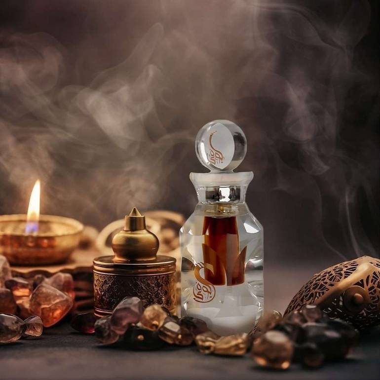 زجاجة كريستالية توحي بعبير العود المدخّن الغني