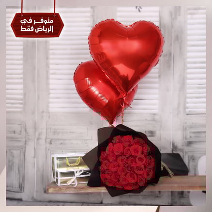 Red roses bouquet with balloons