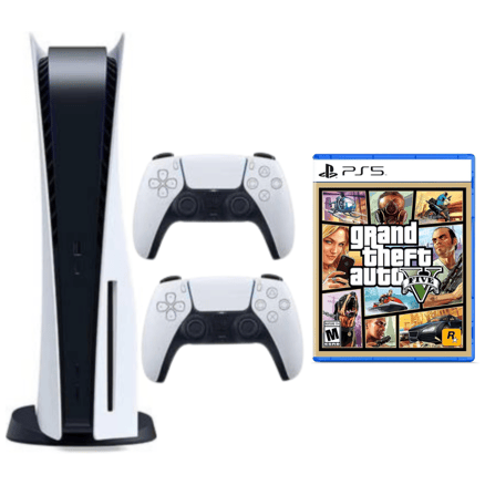 سوني بلايستيشن 5 نسخة الاقراص + يد اضافية + شريط لعبة جراند 5 GTA V (مستعمل و مجدد) ضمان سنه