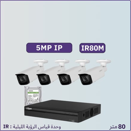 كاميرات مراقبة IP شبكية - 5 ميجابكسل IR80متر - 4 كاميرات مراقبة داخلية أو خارجية شاملة جهاز التسجيل و الذاكرة 1 تيرابايت