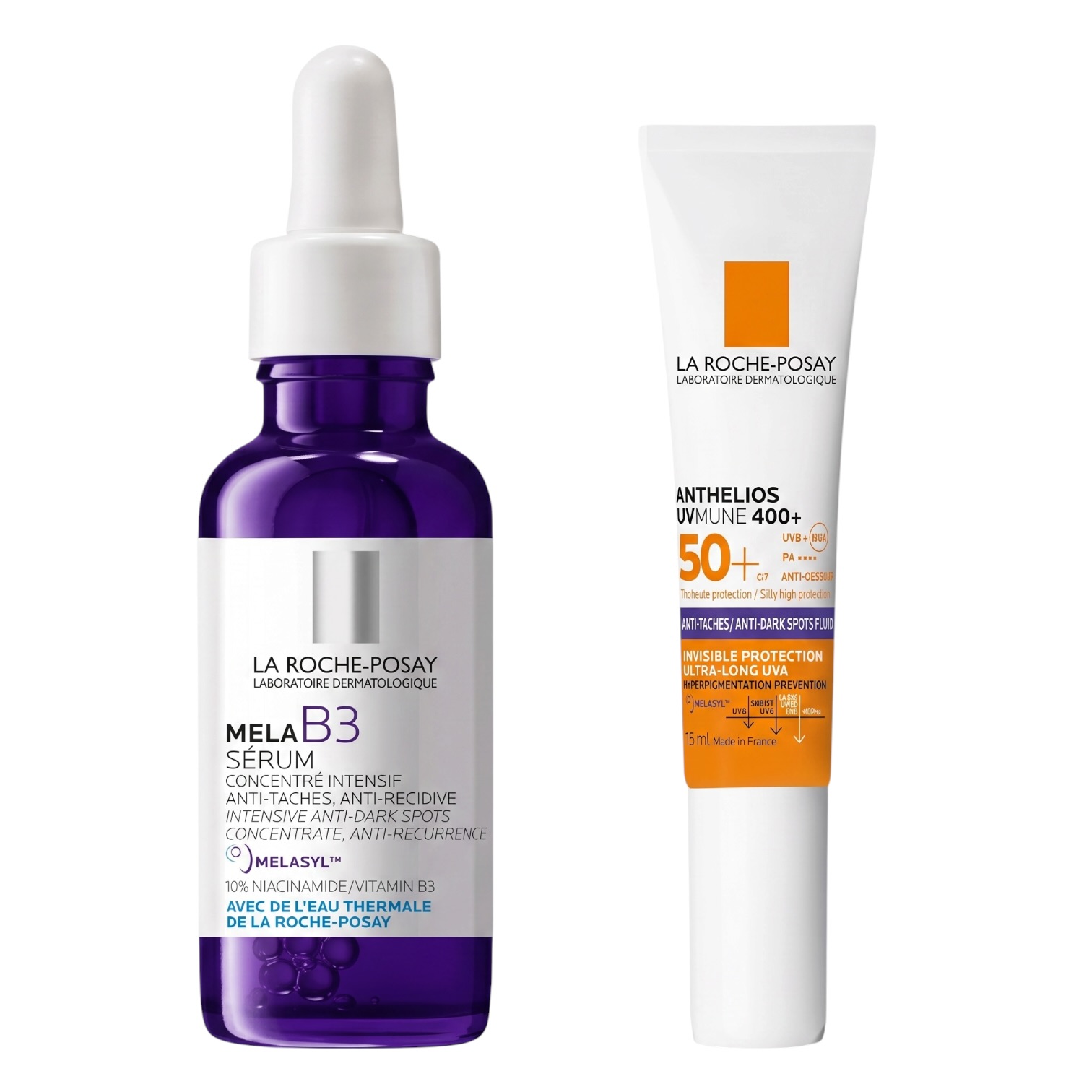 روتين لاروش-بوزيه لتفتيح البقع الداكنة | سيروم ميلا B3 + واقي شمس أنثيليوس SPF50+