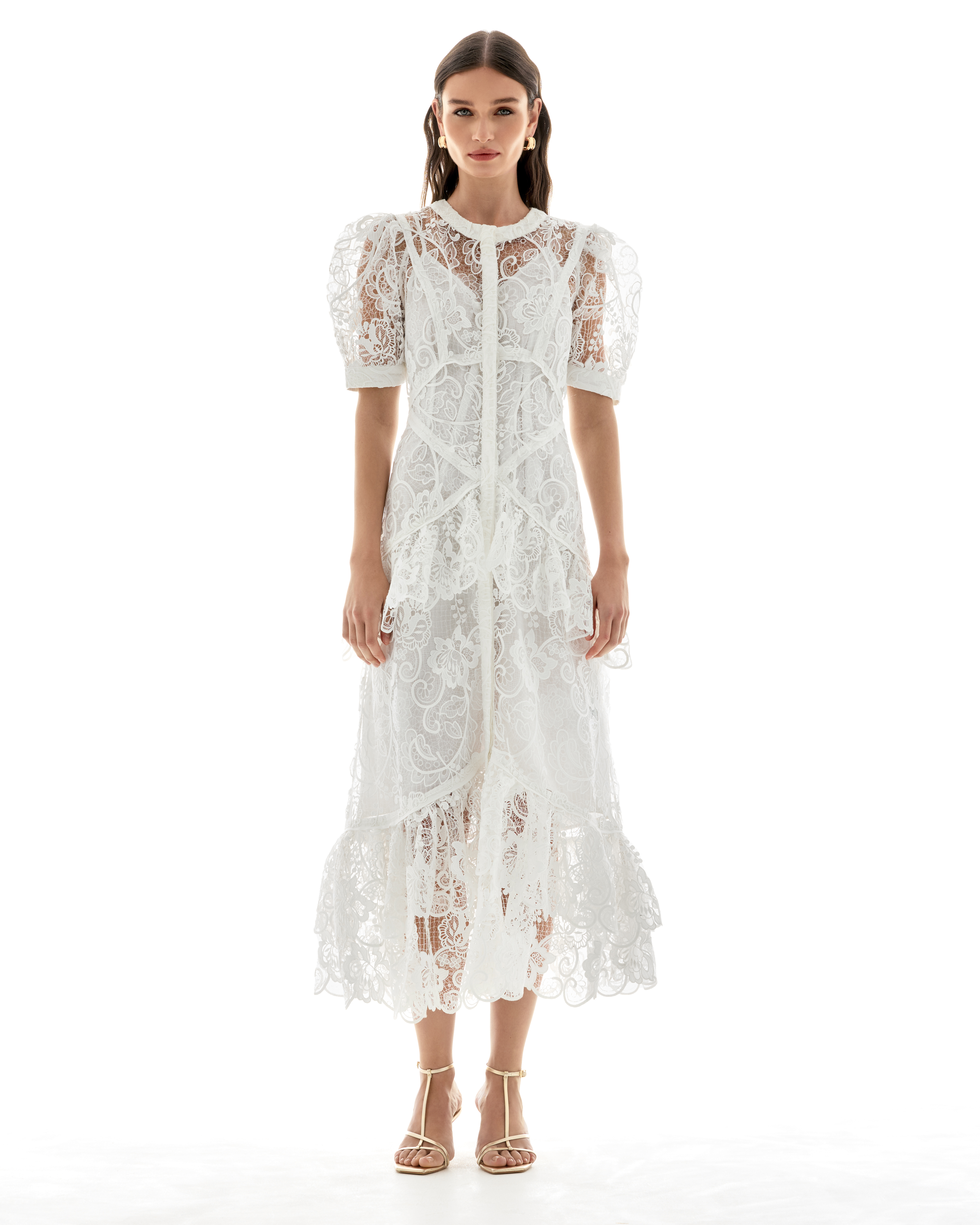 Lumière Tiered Lace Midi Shirt Dress