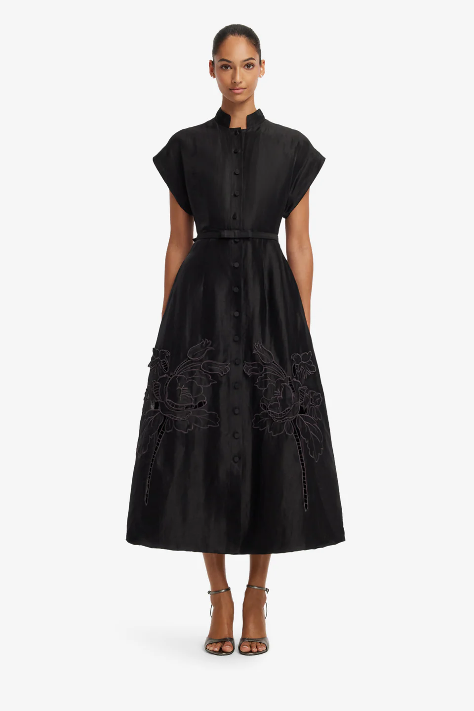  Aubrey Applique Shirt Midi Dress - black
