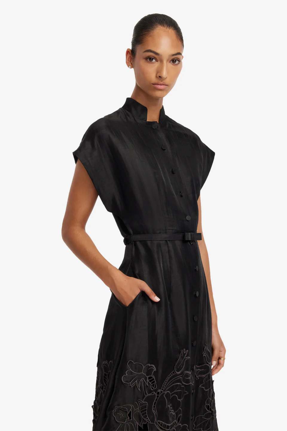  Aubrey Applique Shirt Midi Dress - black