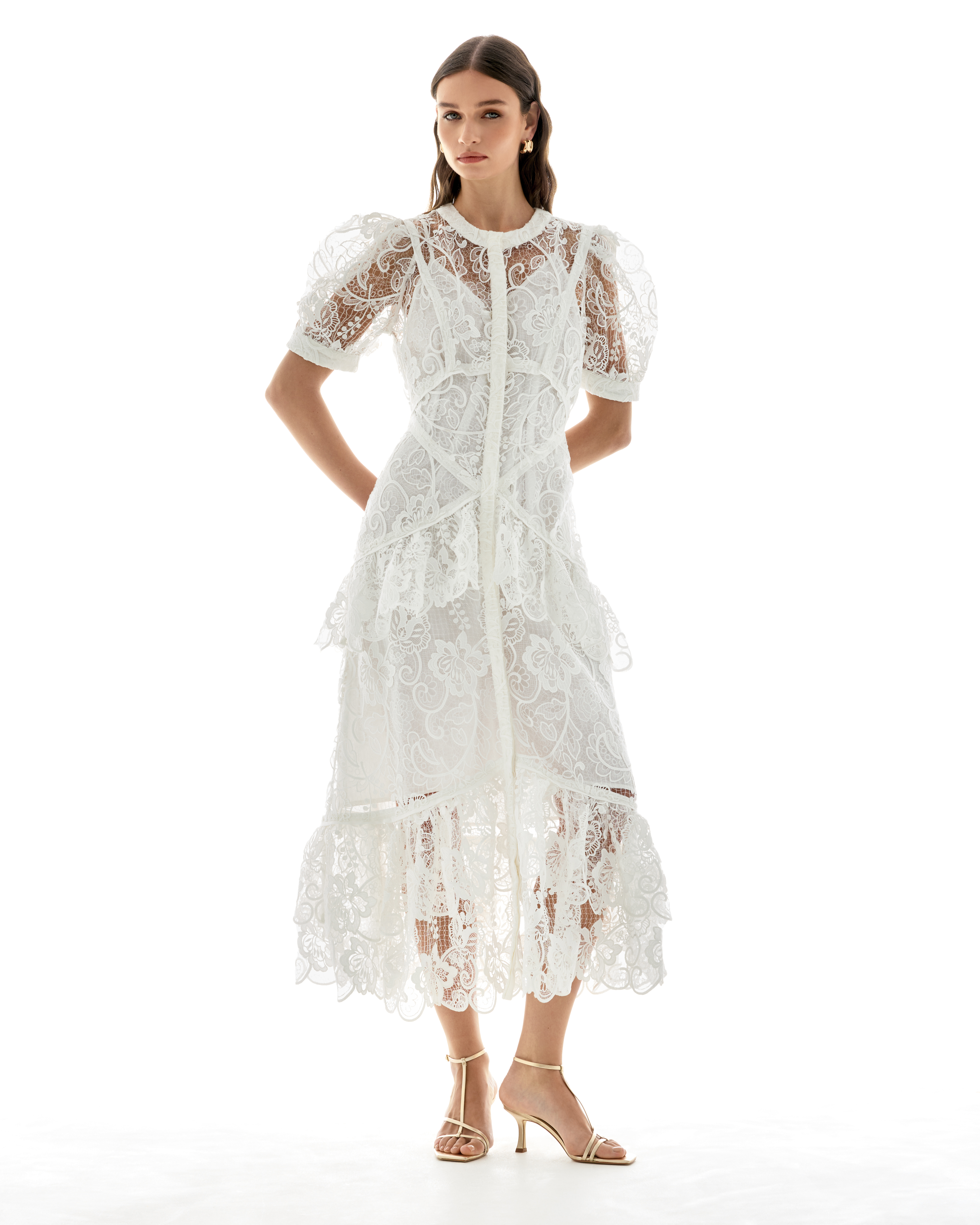 Lumière Tiered Lace Midi Shirt Dress