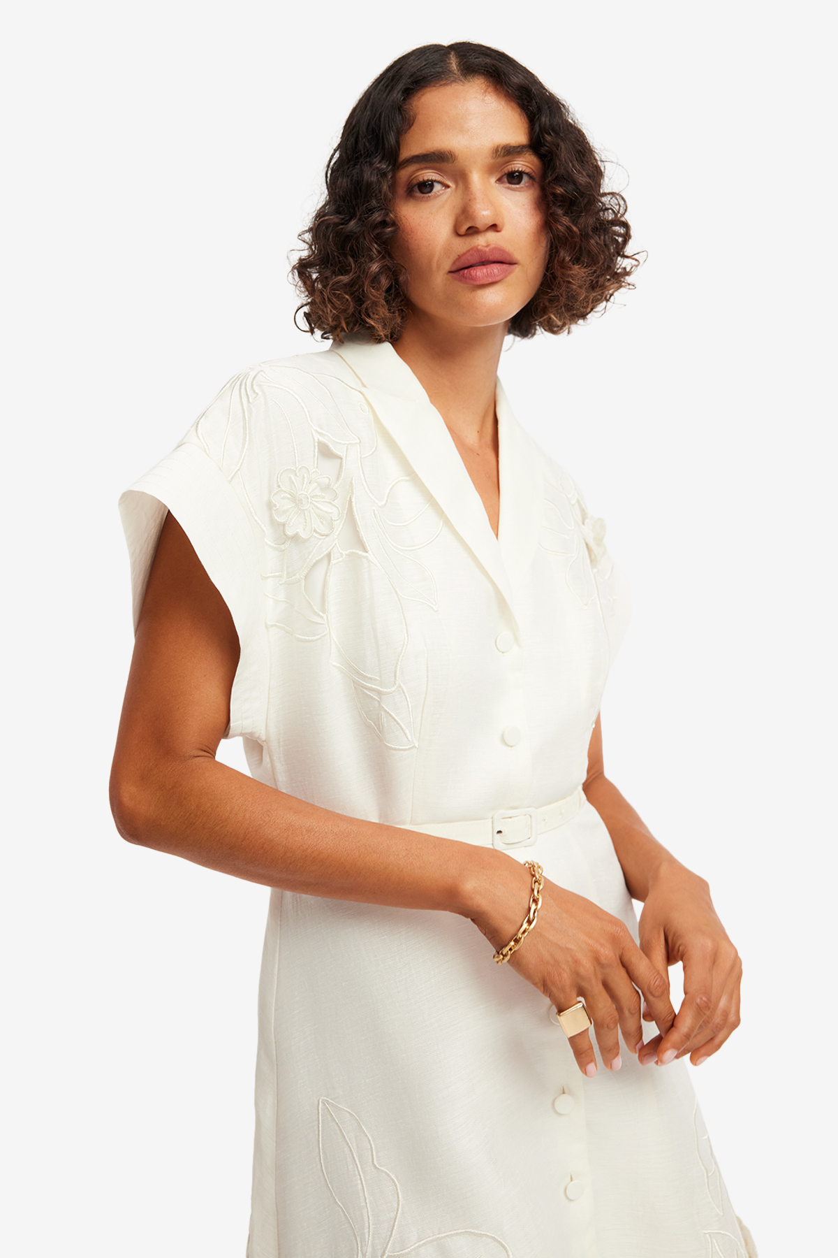 Aubrey Applique Shirt Midi Dress - Snow
