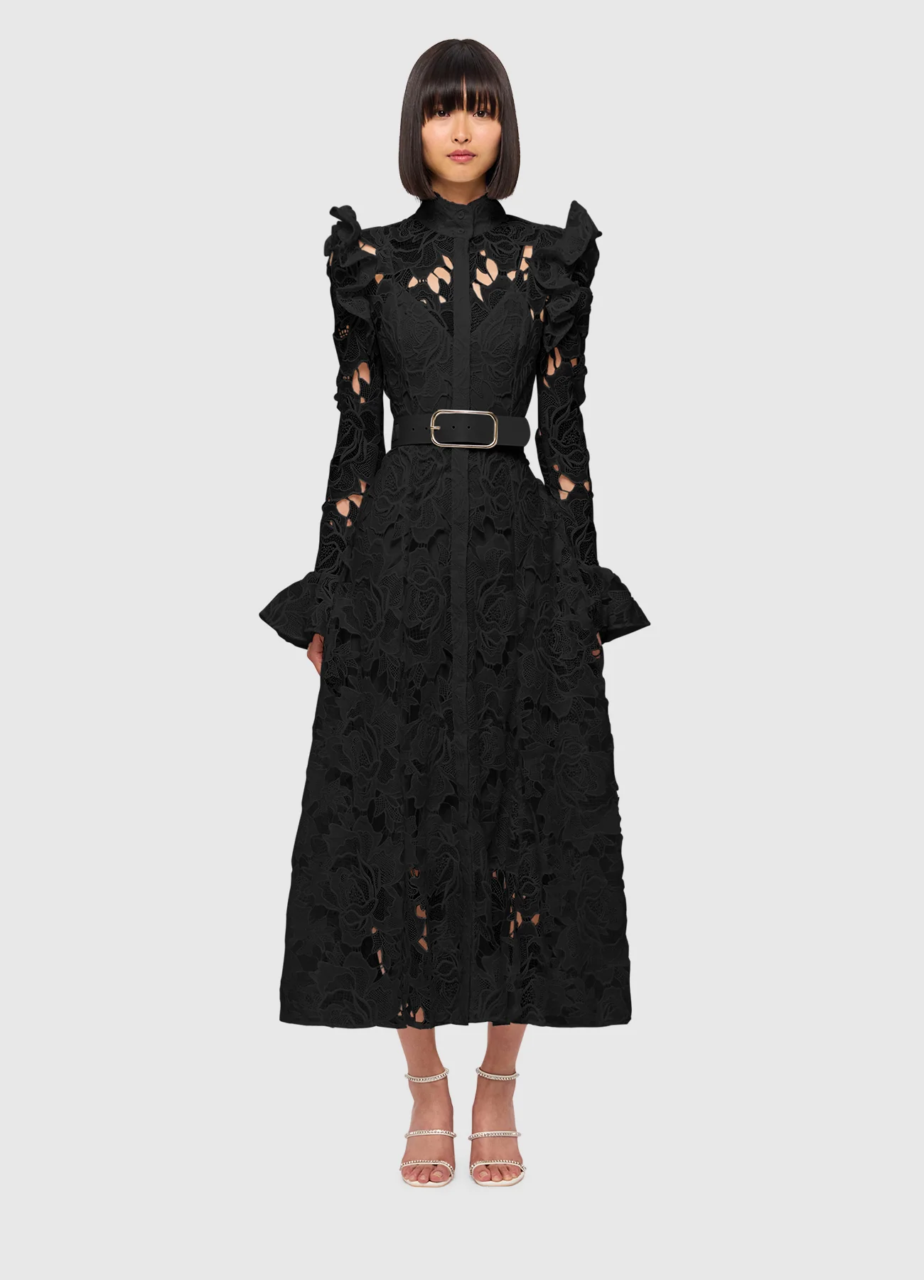 Aliyah Lace Butterfly Sleeve Midi Dress - Ebony