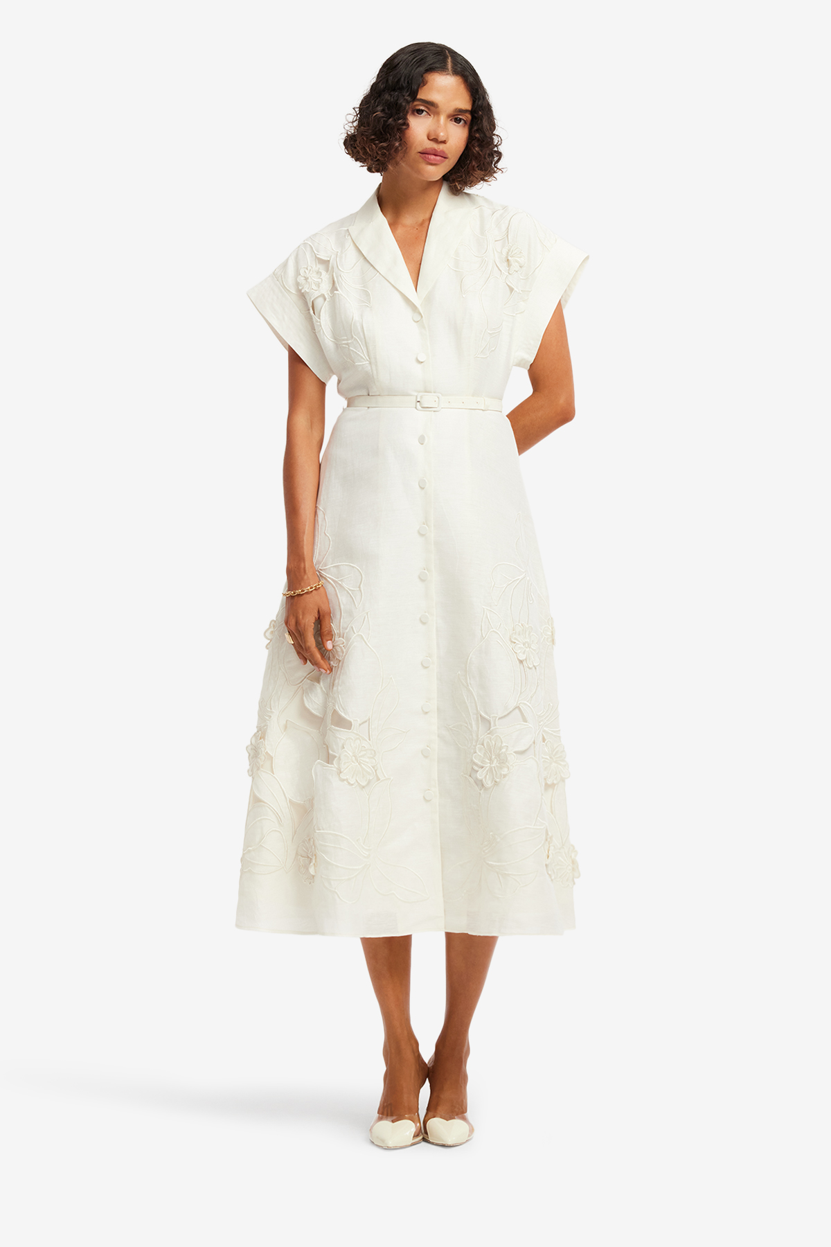 Aubrey Applique Shirt Midi Dress - Snow