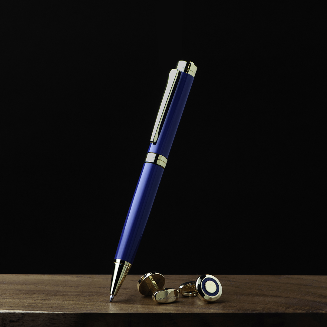 قلم وكبك قريفون أزرق وذهبي