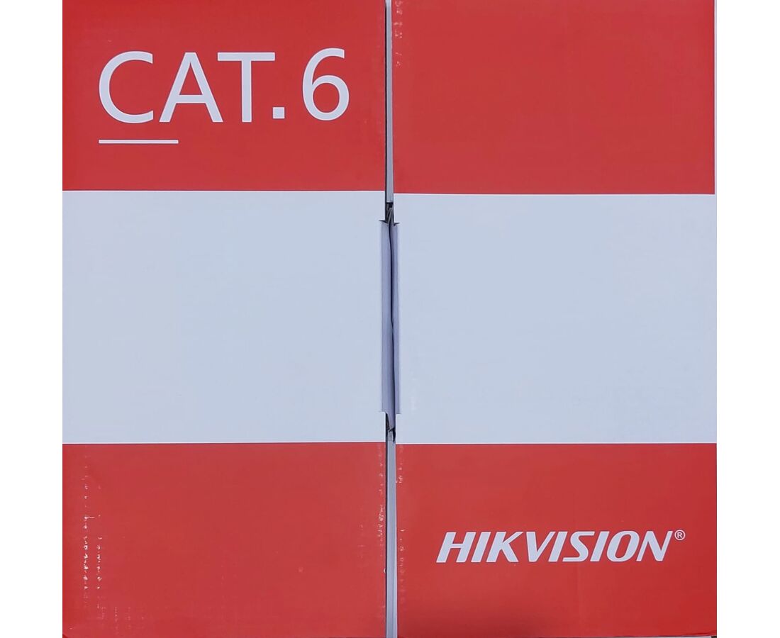Hikvision Cat6 network cable box in red and white design, made for surveillance and intercom systems.