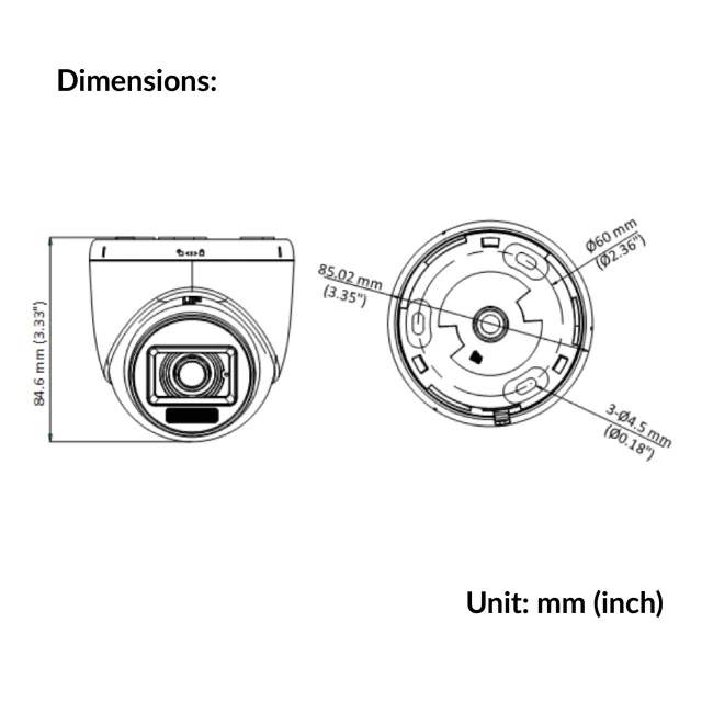 Technical dimensions of Hikvision DS-2CE76K0T-LPFS in millimeters and inches