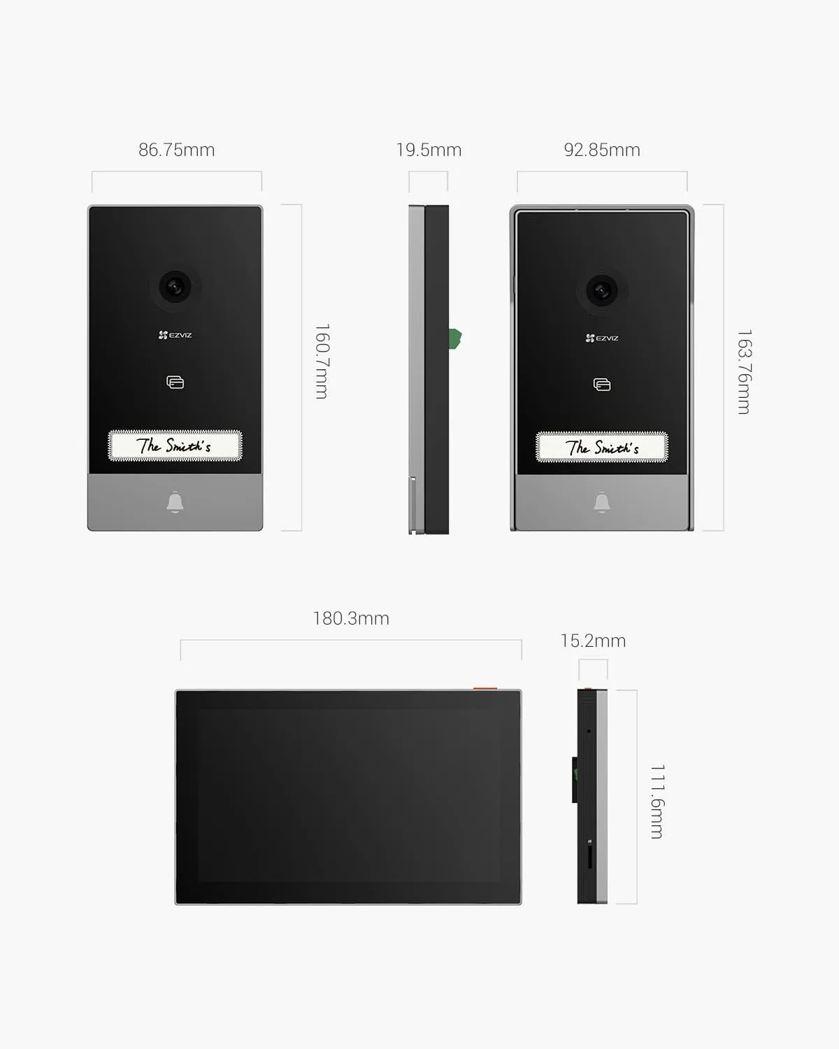 أبعاد جهاز الإنتركم EZVIZ HP7 بدقة 2K، مع عرض أمامي وجانبي للوحدة الداخلية والخارجية.