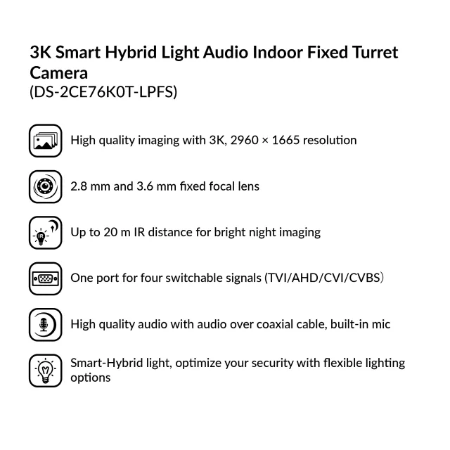 Specifications of Hikvision 3K turret camera including fixed lens, built-in mic, and smart hybrid light.