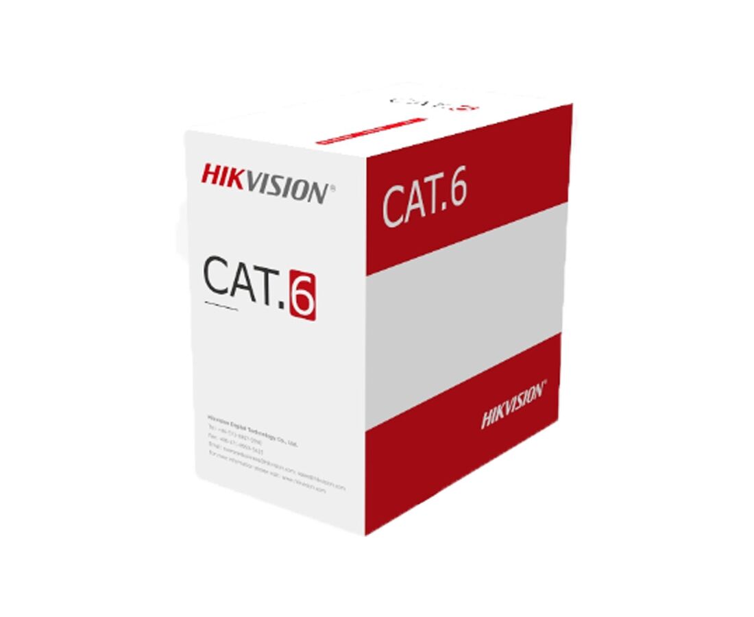 Hikvision Cat6 network cable box in red and white design, made for surveillance and intercom systems.