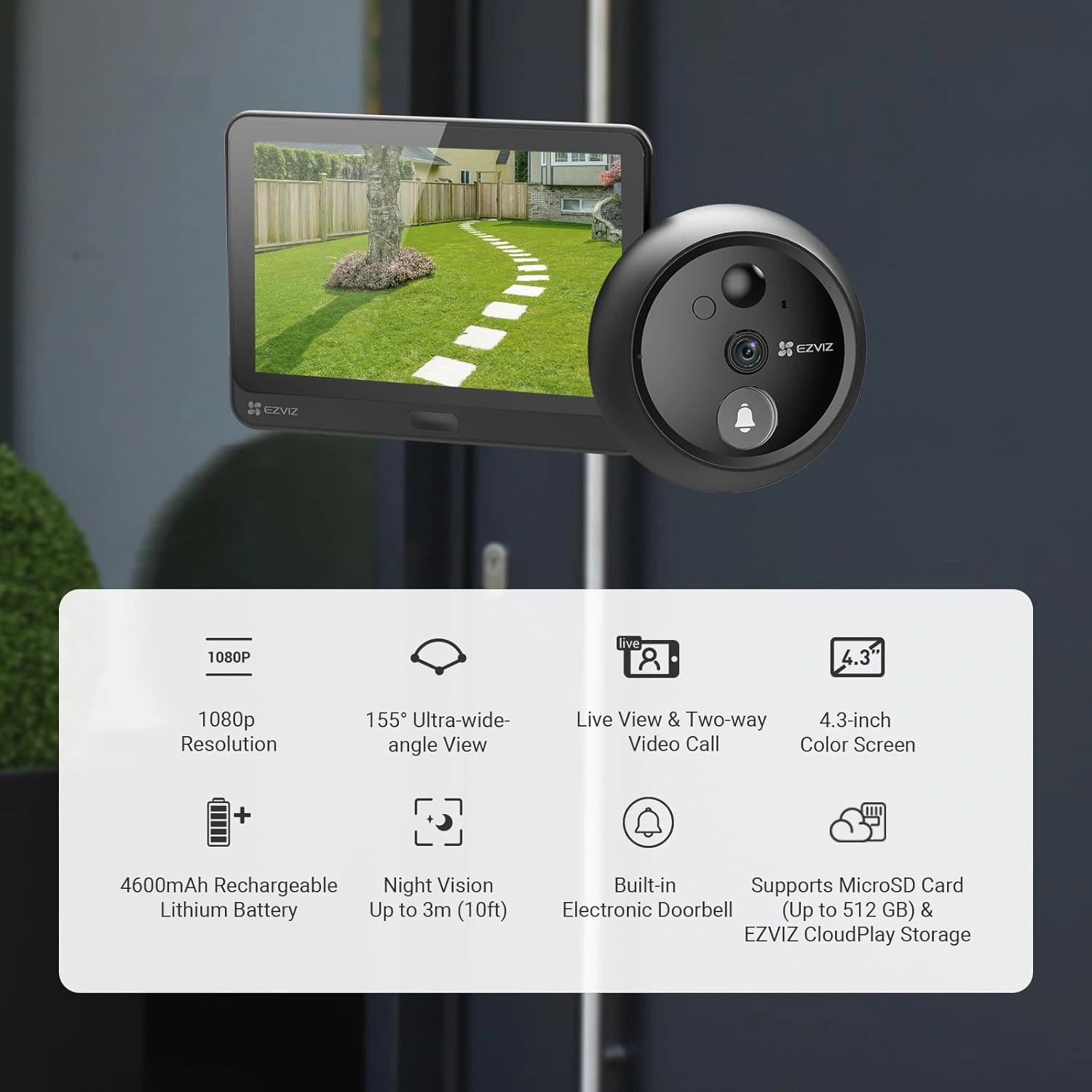 EZVIZ HP4 منظار الباب الذكي – دقة 1080p، زاوية عريضة 155°، شاشة 4.3 بوصة، بطارية 4600 مللي أمبير