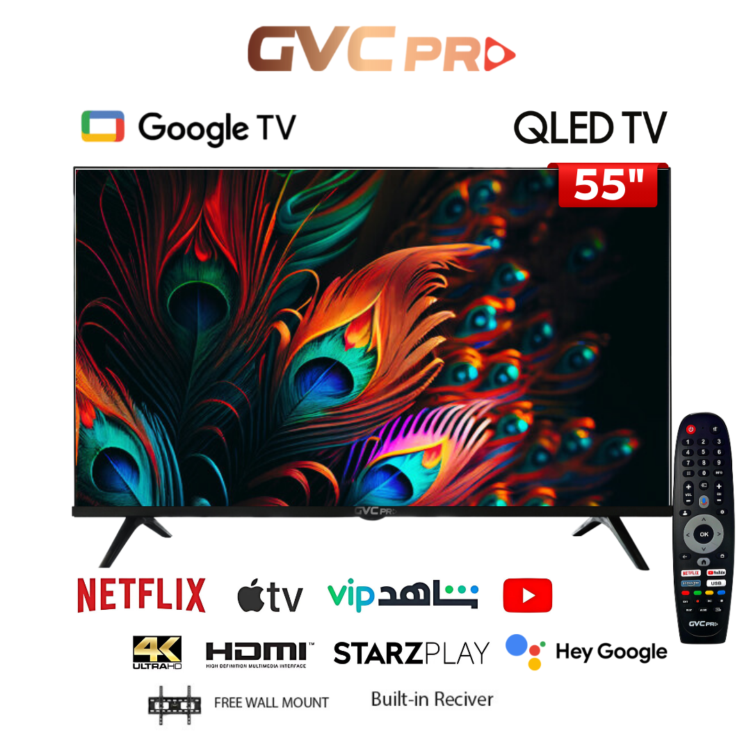  شاشة ذكية جي في سي برو 55 بوصة QLED دقة 4K حامل جداري ورسيفر داخلي نظام Google TV 