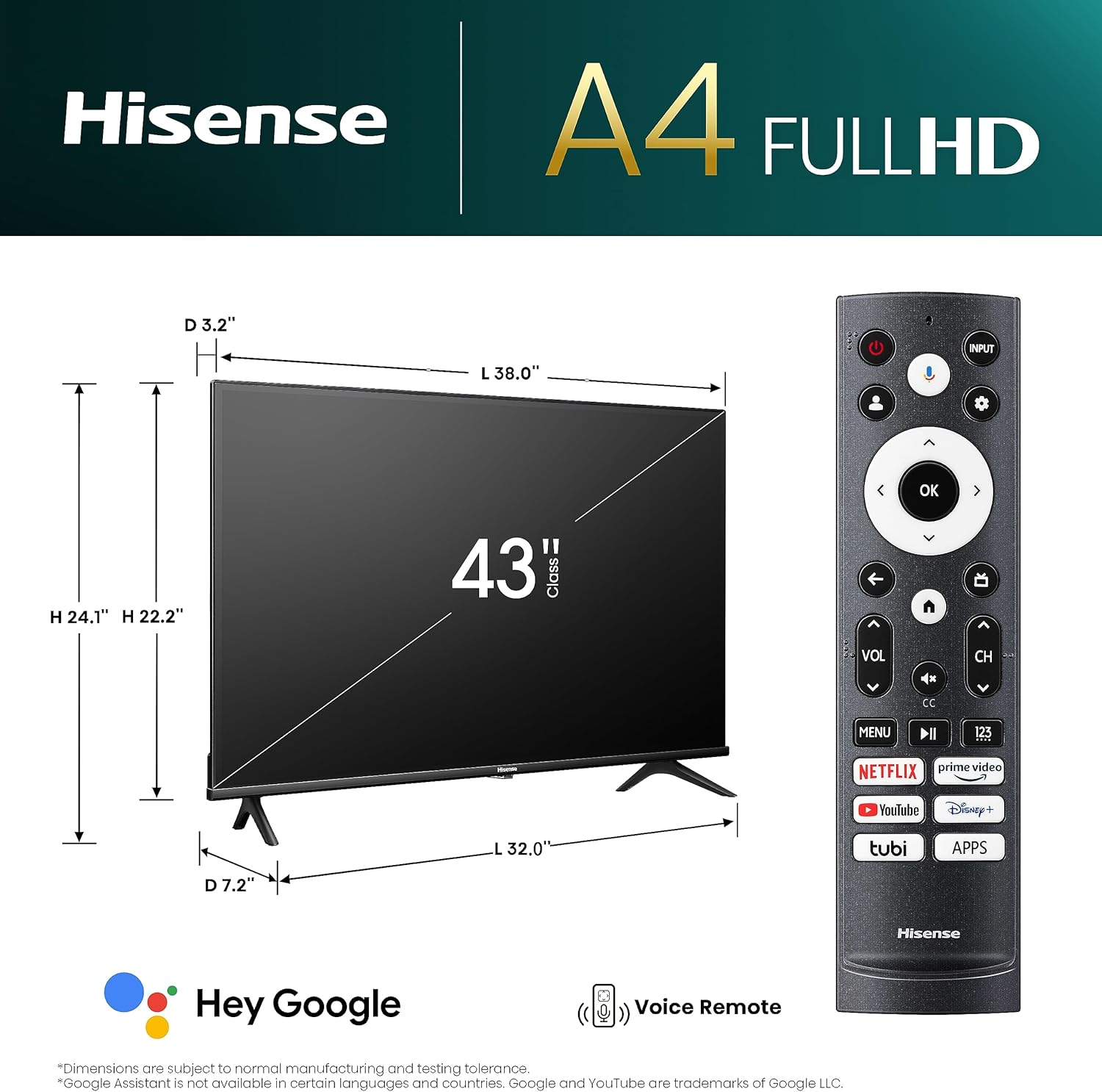  تلفزيون جوجل الذكي 43 بوصة فئة ايه 4 FHD بدقة 1080 بكسل (43A4K) من هايسينس - دي تي اس افتراضي: اكس وأوضاع الألعاب والرياضة، كروم كاست مدمج، متوافق مع اليكسا، LCD 