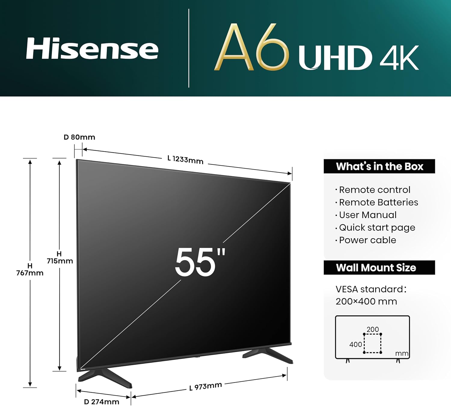  تلفزيون من هايسنس بشاشة ٥٠ بوصة، بدقة 4K UHD، موديل 50A6N، بتقنية إل إي دي 