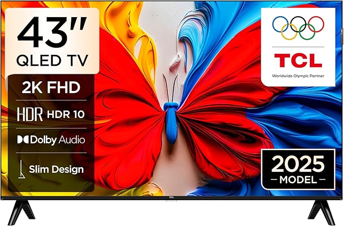   TCLشاشة QLED ذكي 43 بوصة بتقنية HDR10 بنظام جوجل تي في مع تقنية صوت دولبي، وضع اللعب، عناية متعددة للعين مع تصميم رفيع (إصدار 2025)، أسود، طراز رقم 43S5K 