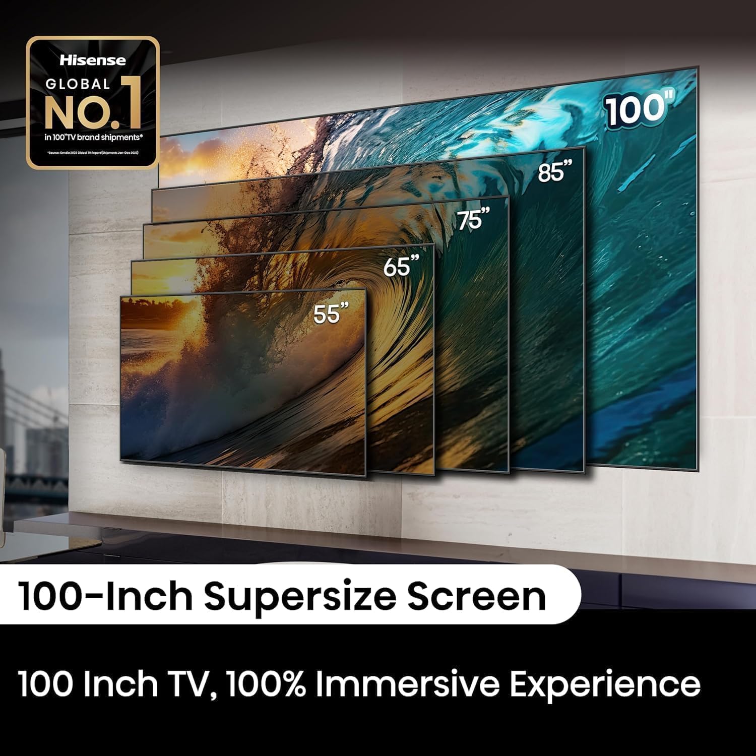  شاشة تلفزيون هايسنس الذكية 100E72N، بحجم 100 بوصة، دقة 4K، تقنية QLED، معدل تحديث 120 هرتز، 4 منافذ HDMI، و2 منفذ USB 