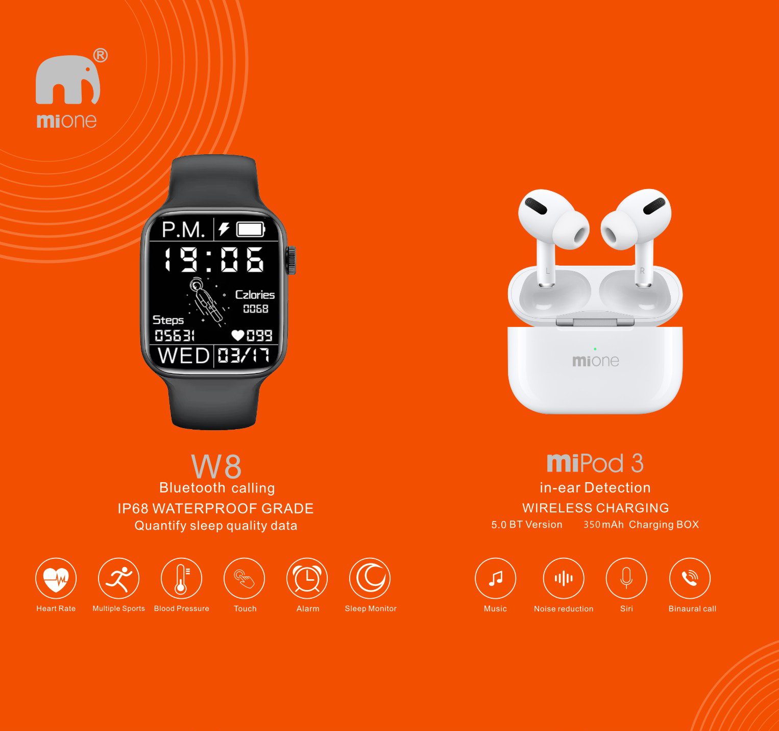 Mione Smart Set Includes W8 Smart Watch And Mipad3 Wireless Bluetooth Headset