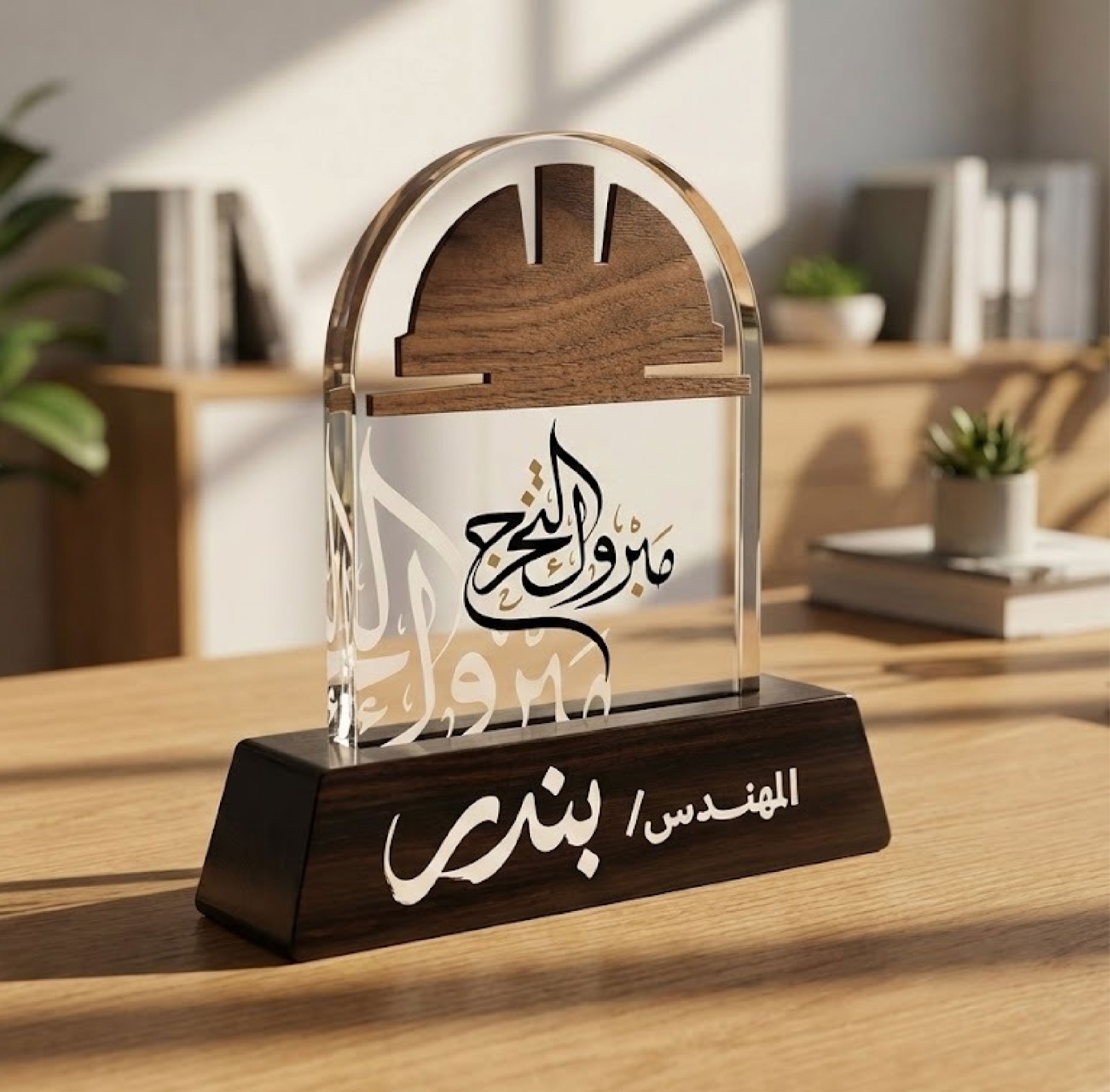 درع المهندس اكريليك مطعم بالخشب مع قاعدة اكريليك