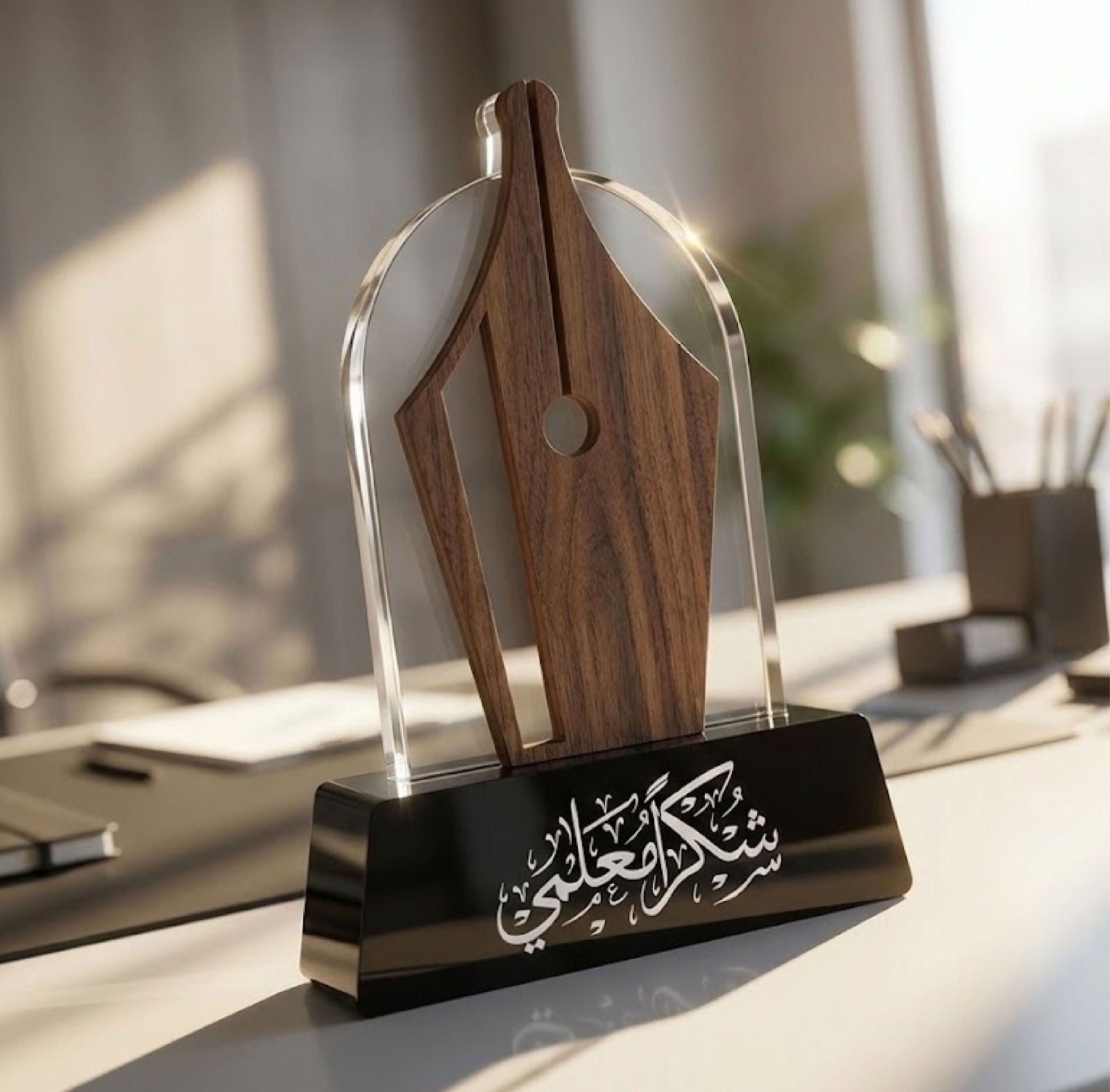 درع المعلم اكريليك مطعم بالخشب مع قاعدة اكريليك
