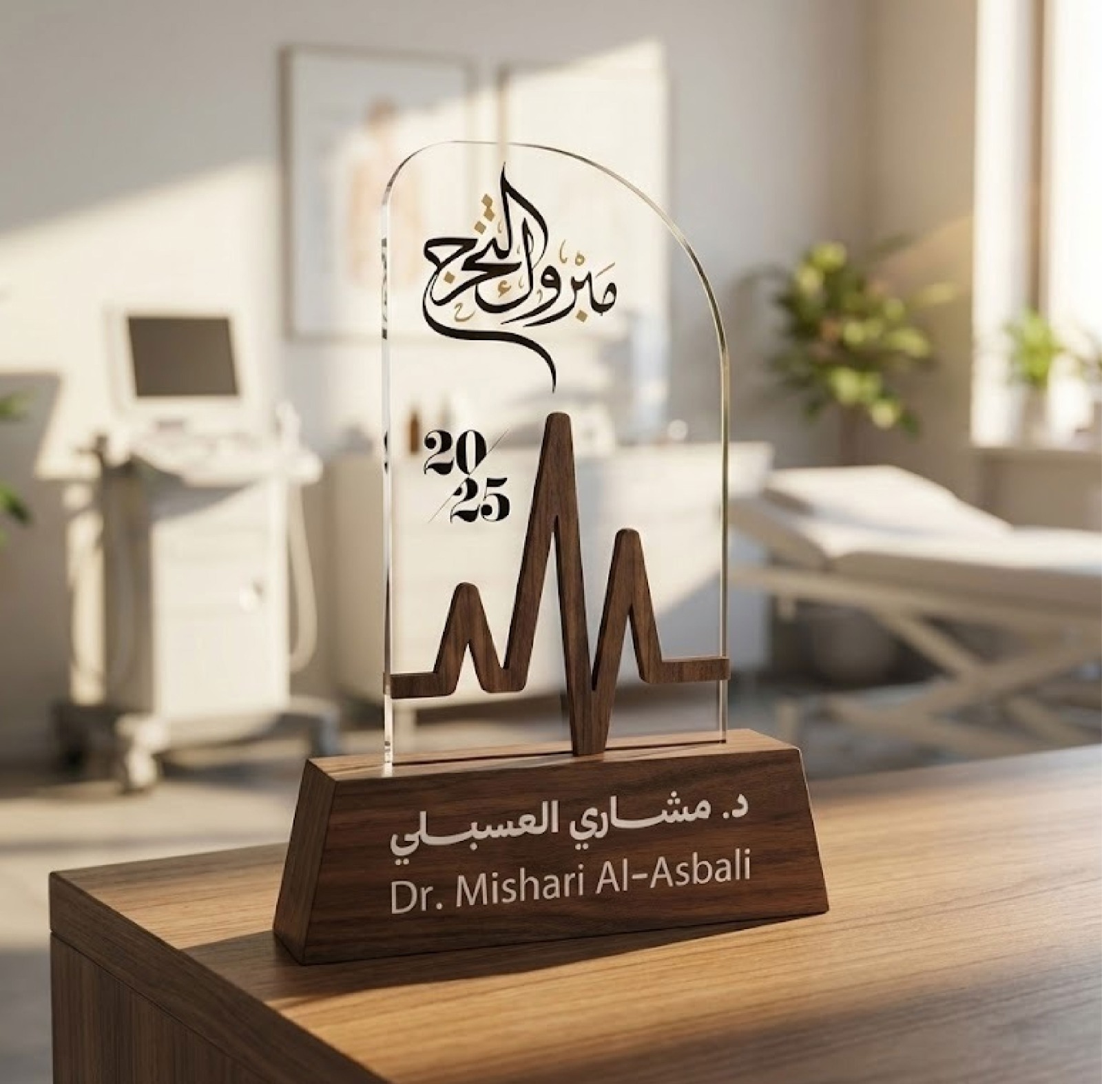 درع الطبيب اكريليك مطعم بالخشب مع قاعدة خشب