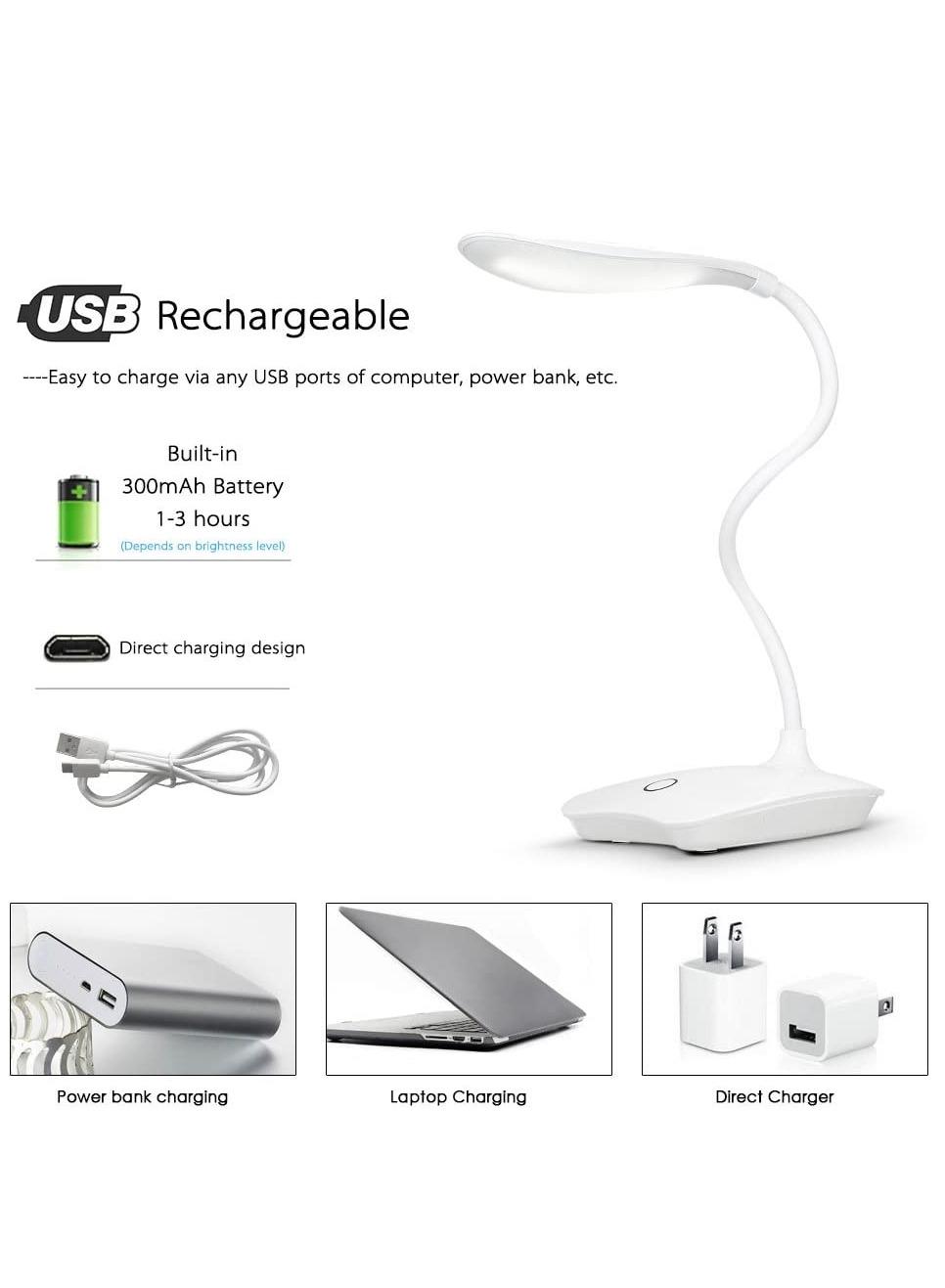 مصباح USB للمكتب لحماية العين LED قابل لإعادة الشحن لون أبيض