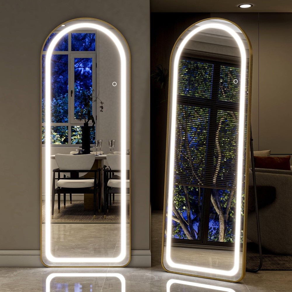 مرآة طولية بإضاءة LED ذهبية