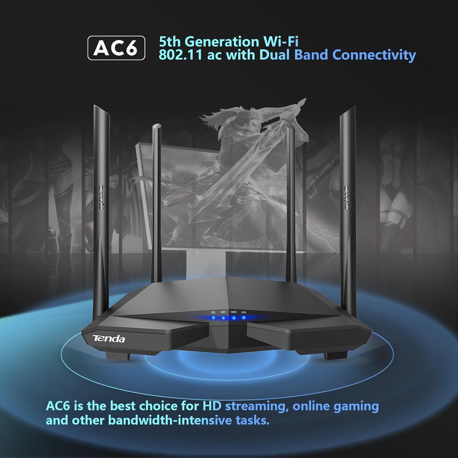 راوتر تندا AC6 AC1200 الذكي ثنائي النطاق ميجابت واي فاي-اسود