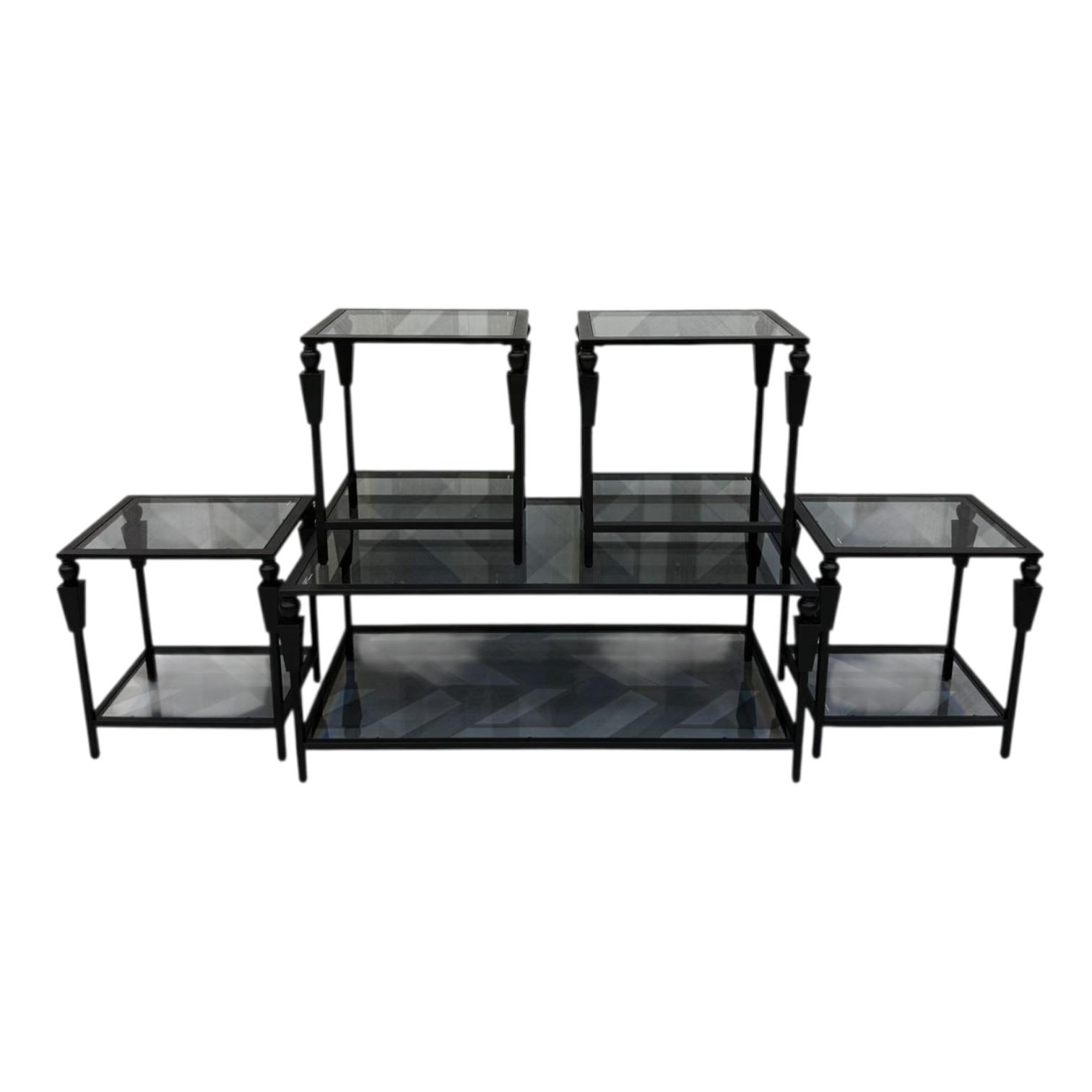  Black 5-piece luxury glass coffee table set with elegant metal frame 