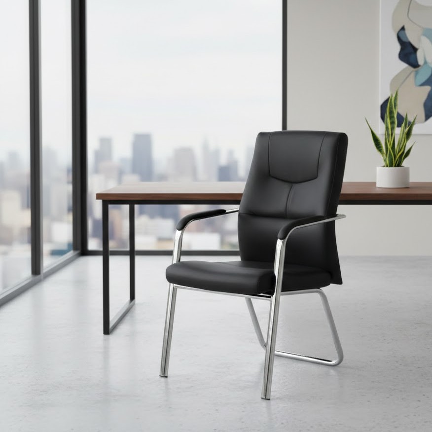  Black fixed office chair styled in a modern office workspace 