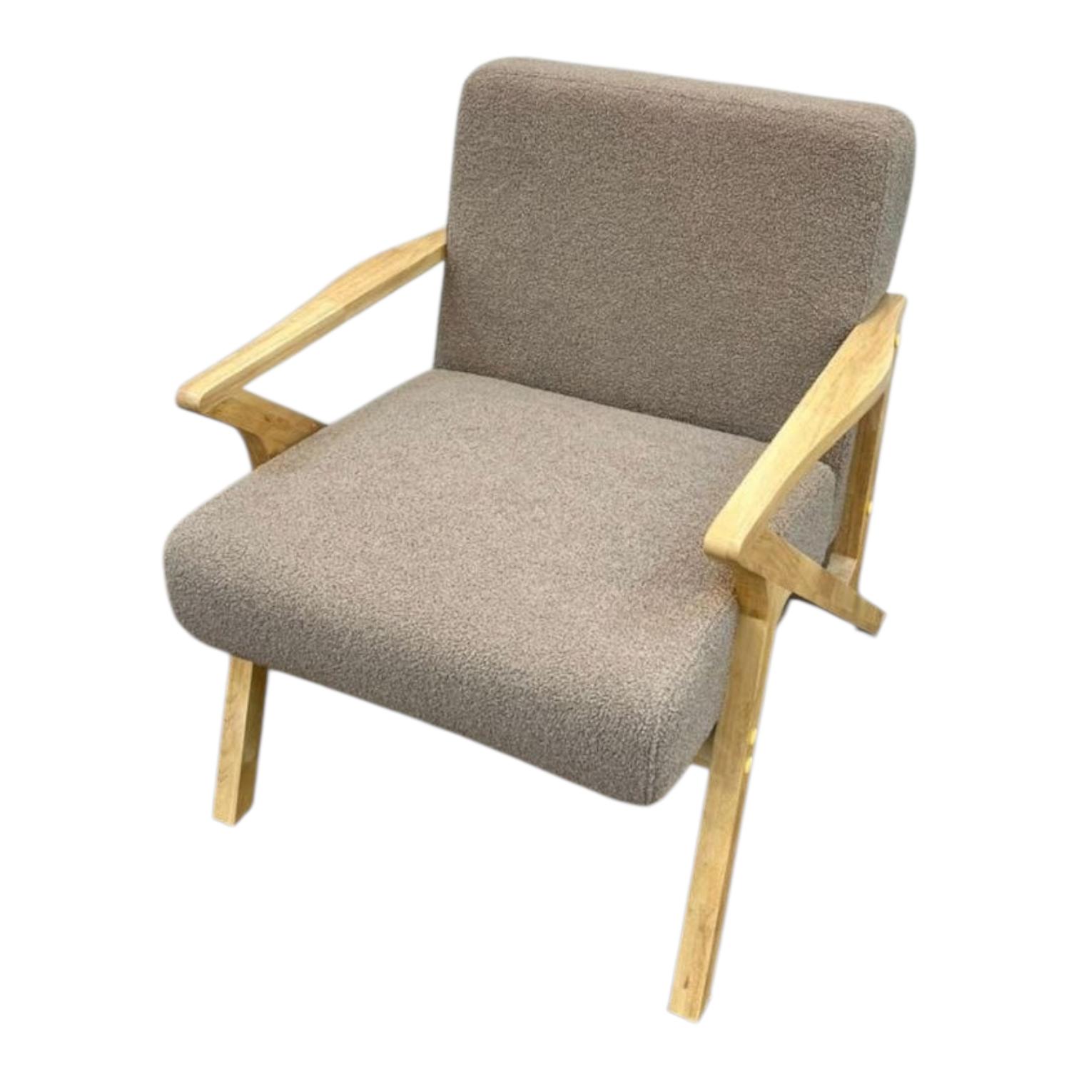  Boucle lounge chair with wooden base in beige color 