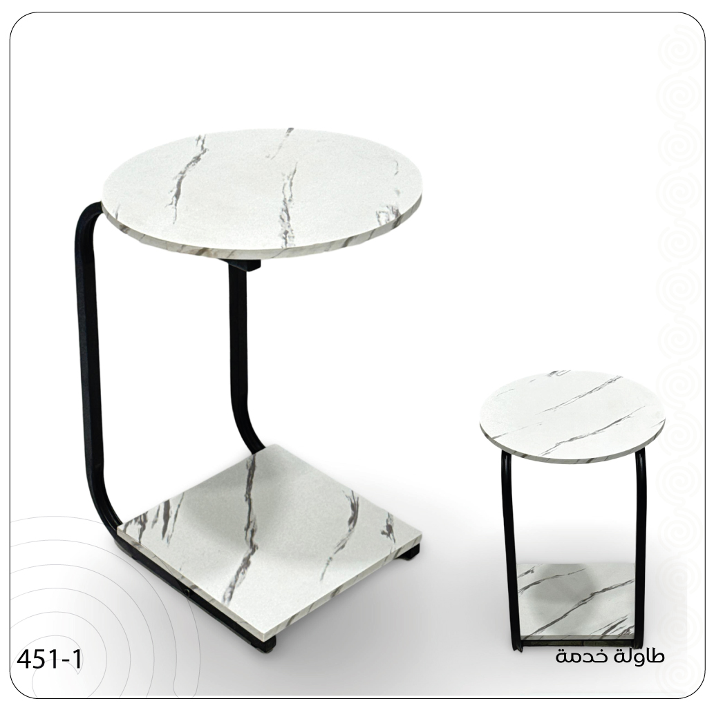  Round side table in white marble with elegant black base. 