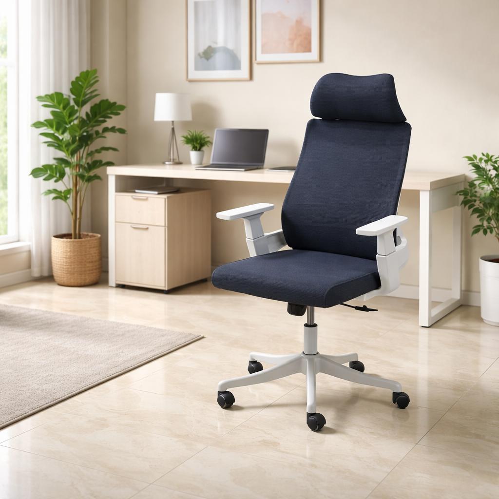  Dark navy office chair with headrest and wheeled base 