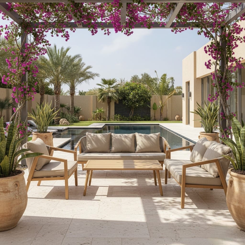  Luxury wooden outdoor garden set for seven persons with beige cushions in an elegant patio by the pool 