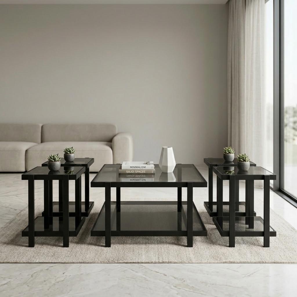  Dark glass multi-piece table set with black metal frame 