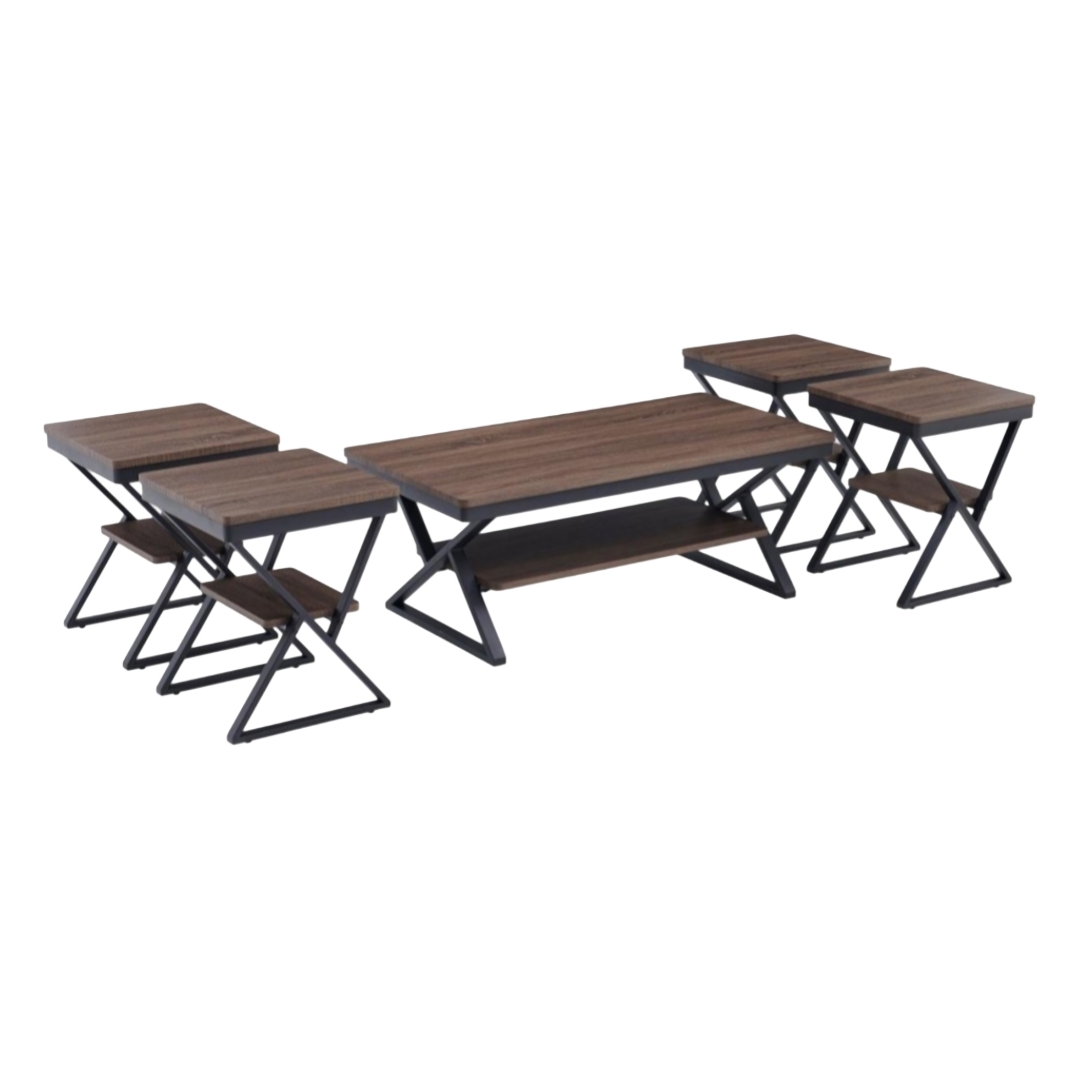  Dark wood coffee table set with black metal frame 