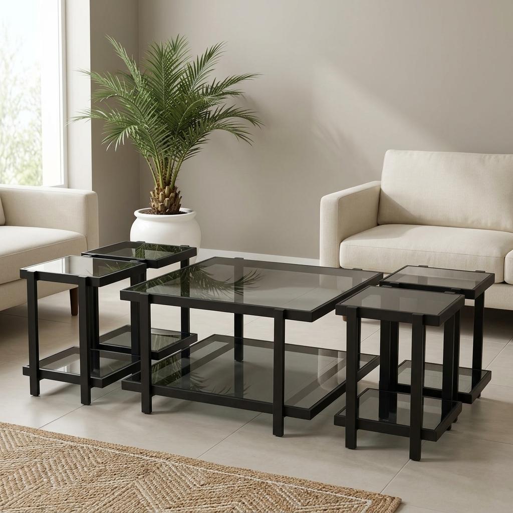  Black 5-piece coffee table set with smoked glass 