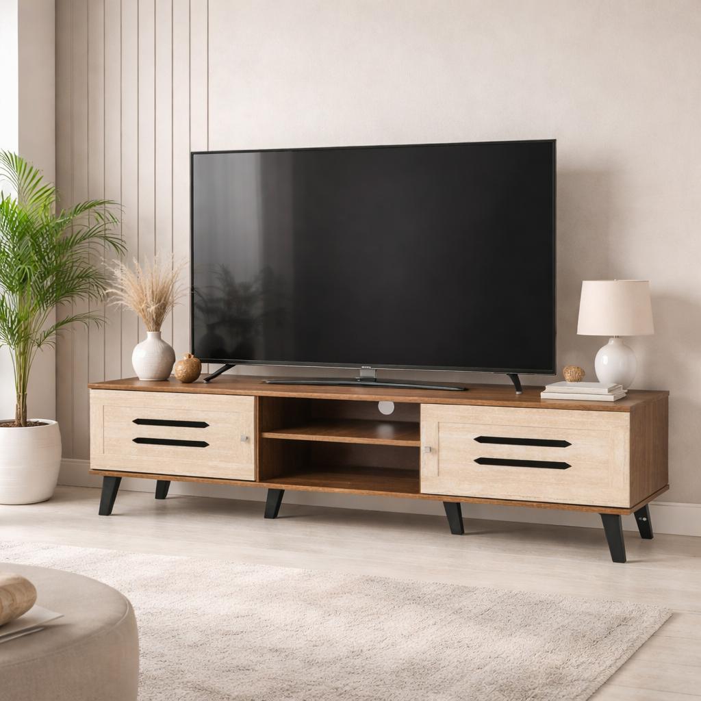  Modern wooden TV stand in light wood color with black legs 
